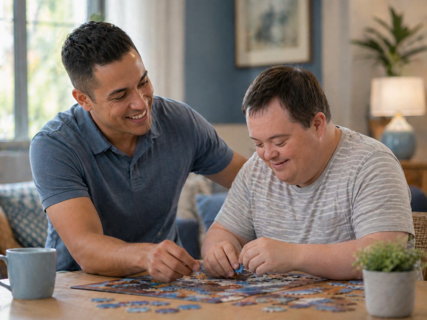 A support professional and a supported person sharing an ordinary moment together.