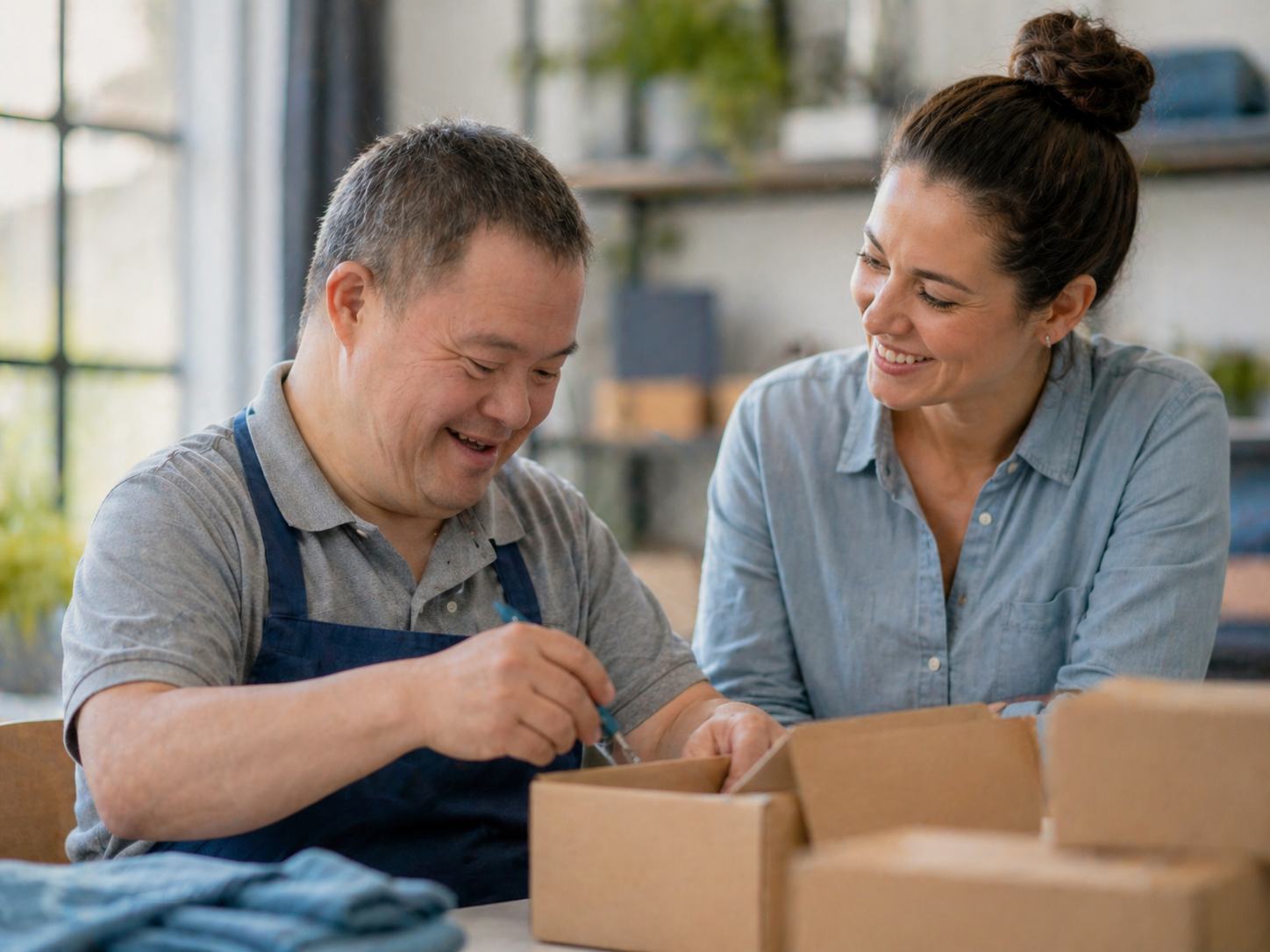 A support professional and supported person working together on an everyday task.